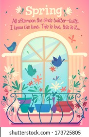 Spring is outside of window. Vector illustration.