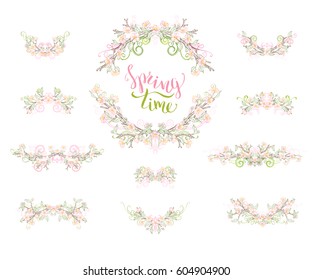 Spring page decorations and dividers isolated on white background. Vector spring flowers, leaves and flourishes on branches. 