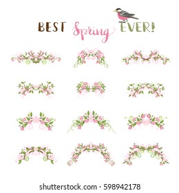 Spring page decorations and dividers. Vector cherry flowers, leaves and flourishes on branches. Ornate decorations isolated on white background.