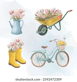 Spring paintings featuring flowers in a wheelbarrow, pink flowers in a bike basket, and tulips in a watering can, a vibrant seasonal scene