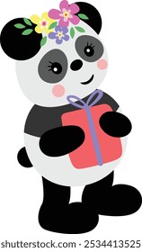 Spring panda holding a gift box