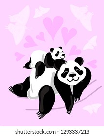 Spring panda in love. vector valentines day
