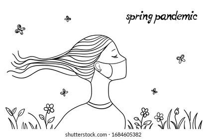 spring pandemic covid-19 concept, young girl in medical mask enjoy the spring time, allergic or  pandemic mood girl character, vector
