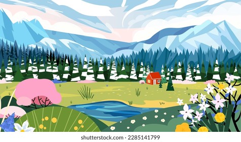 Spring panorama of beautiful landscape, green grasslands meadow with flowers, forest, small blue lake, mountains on horizon background. Summer mountain valley landscape vector nature illustration