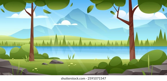 Spring panorama. Vector landscape of summer river with mountain, stone, tree, fields, lake, forest, blossoms, and woods on the lawn with pond for camping. Horizon illustration for game, banner, web