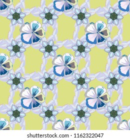 Spring paper with abstract cute cosmos flowers in blue, green and gray colors. Floral seamless pattern. Vector illustration.