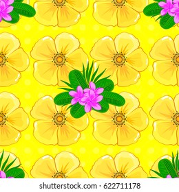 Spring paper with abstract cute cosmos flowers on a yellow background. Floral seamless pattern. Vector illustration.