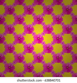 Spring paper with abstract cute cosmos flowers on a yellow background. Floral seamless pattern. Vector illustration.