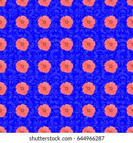 Spring paper with abstract cute cosmos flowers on a blue background. Floral seamless pattern. Vector illustration.