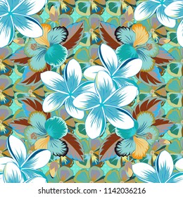 Spring paper with abstract cute flowers in white, green and blue colors. Floral seamless pattern. Vector illustration.