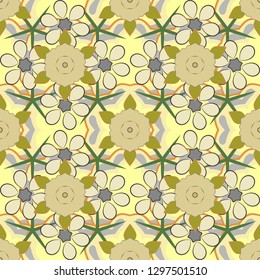 Spring paper with abstract cute flowers in gray, yellow and beige colors. Vector illustration. Floral seamless pattern.