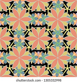 Spring paper with abstract cute flowers in black, yellow and orange colors. Floral seamless pattern. Vector illustration.