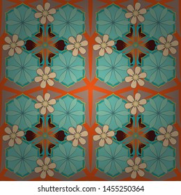 Spring paper with abstract cute flowers in blue, brown and green colors. Vector illustration. Floral seamless pattern.