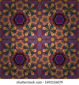 Spring paper with abstract cute flowers in red, purple and orange colors. Floral seamless pattern. Vector illustration.
