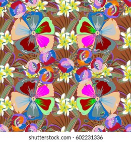Spring paper with abstract cute flowers in blue and green colors. Floral seamless pattern. Vector illustration.