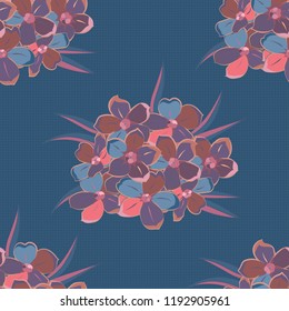 Spring paper with abstract cute forget-me-not flowers in pink, purple and blue colors. Floral seamless pattern. Vector illustration.
