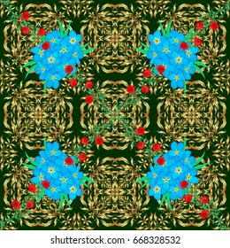 Spring paper with abstract cute forget-me-not flowers on a green background. Floral seamless pattern. Vector illustration.