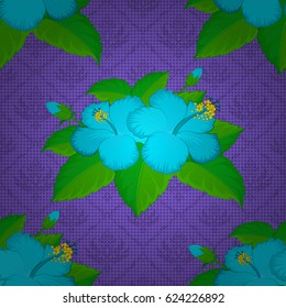 Spring paper with abstract cute hibiscus flowers on a violet background. Floral seamless pattern. Vector illustration.