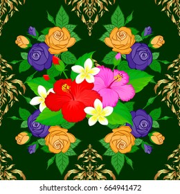 Spring paper with abstract cute hibiscus flowers on a green background. Floral seamless pattern. Vector illustration.