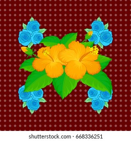 Spring paper with abstract cute hibiscus flowers on a red background. Floral seamless pattern. Vector illustration.