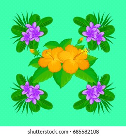 Spring paper with abstract cute hibiscus flowers on a green background. Floral seamless pattern. Vector illustration.