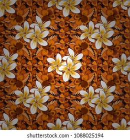 Spring paper with abstract cute plumeria flowers in orange, white and brown colors. Floral seamless pattern. Vector illustration.