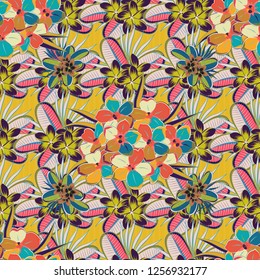 Spring paper with abstract cute plumeria flowers in blue, violet and yellow colors. Floral seamless pattern. Vector illustration.