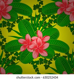 Spring paper with abstract cute plumeria flowers on a yellow background. Floral seamless pattern. Vector illustration.