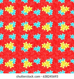 Spring paper with abstract cute plumeria flowers on a red background. Floral seamless pattern. Vector illustration.