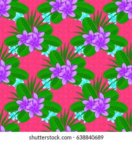 Spring paper with abstract cute plumeria flowers on a pink background. Floral seamless pattern. Vector illustration.