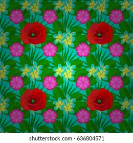 Spring paper with abstract cute poppy flowers on a blue background. Floral seamless pattern. Vector illustration.