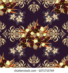 Spring paper with abstract cute primula flowers in brown, beige and gray colors. Floral seamless pattern. Vector illustration.
