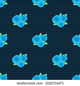 Spring paper with abstract cute rose flowers and green leaves in green and blue colors. Floral seamless pattern. Vector illustration.