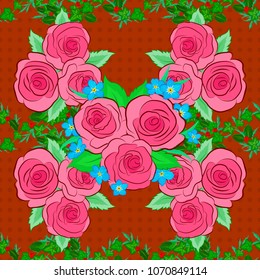 Spring paper with abstract cute rose flowers and green leaves in pink, orange and green colors. Floral seamless pattern. Vector illustration.