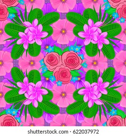 Spring paper with abstract cute rose flowers and green leaves on a violet background. Floral seamless pattern. Vector illustration.