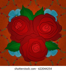 Spring paper with abstract cute rose flowers and green leaves on a orange background. Floral seamless pattern. Vector illustration.