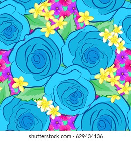 Spring paper with abstract cute rose flowers and green leaves on a green background. Floral seamless pattern. Vector illustration.