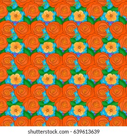 Spring paper with abstract cute rose flowers and green leaves on a violet background. Floral seamless pattern. Vector illustration.