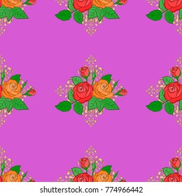 Spring paper with abstract cute rose flowers and green leaves in orange and violet colors. Floral seamless pattern. Vector illustration.