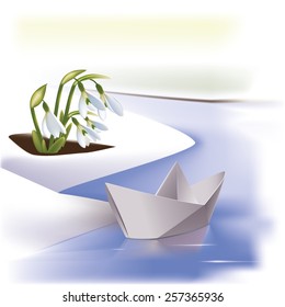 Spring Paper boat floating in the creek past the snowdrops. Illustration, vector.