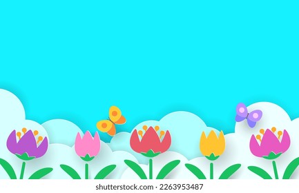 Spring paper cut art, colorful nature background, Easter greeting card.