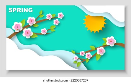 Spring paper cut banner 3d vector. Floral background. Origami flower blossom on branch and sunny sky design. Craft poster, festive card, abstract greeting pattern. Season ornament template