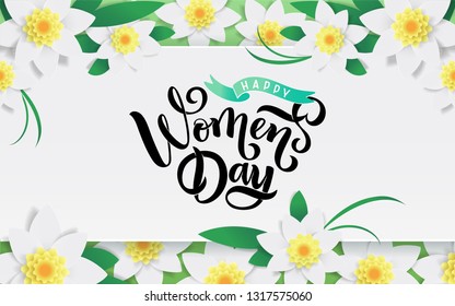 Spring paper cut Floral Frame Greeting Card, Blooming white garden flowers. Lettering text Happy Womens Day. Promotion offer for spring season Square narcissus frame blooming summer flowers decoration