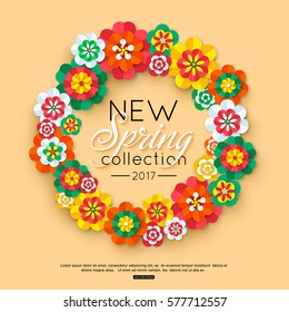 Spring paper flower frame. Vector illustration
