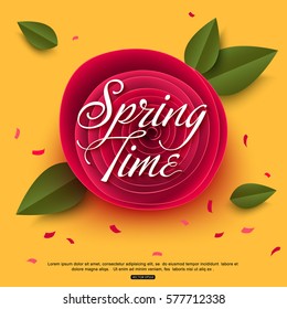 Spring paper flower on yellow background. Vector illustration.