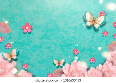 Spring paper flowers garden with butterflies on blue background