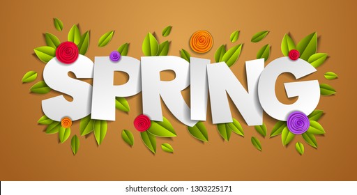 Spring Papercut Word With Flowers And Leaves Vector Modern Style Cartoon Paper Cut 3d Illustration.