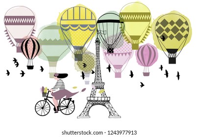 Spring in Paris. Airballoon watercolor vector background