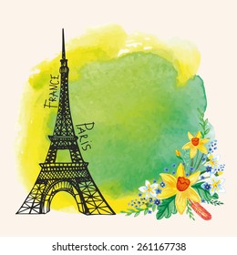 Spring Paris  Card.Eiffel tower,watercolor Narcissus bouquet,stain,flowers.Hand drawn doodle sketchy,watercolor decor.Room for text.Vector background.For wedding,Valentines day,romantic design