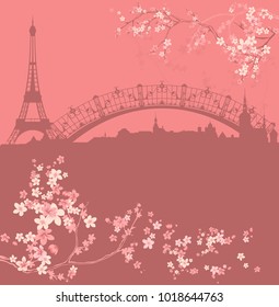 spring Paris vector background - eiffel tower and city skyline among blooming flowers